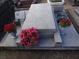 monument grès bleu moucheté avec larges semelles à droite et à gauche et espace jardinière en façade - I.Gertsner