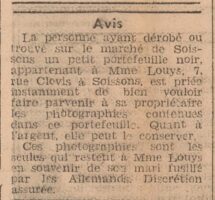 Annonce publiée par l'epouse d'Emile Louys en 1947. Journal Eclair de l'AIsne du 22.1.1947
