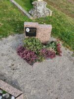 petite cavurne avec pierre rose et gris sur laquelle est fixée une plaque d'identification noire avec photo - O.Dufour
