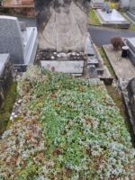 tombe enherbée avec stèle sur laquelle figure une plaque d'identification - O.Dufour