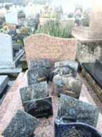 monument moucheté rose et gris avec stèle sur laquelle est gravée l'identification du couple défunt en lettres dorées - O.Dufour