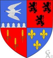 Écartelé: au 1er d'azur à la colombe d'argent volant au dessus d’une champagne d'une tire de vair, au 2e de gueules à trois lions de sable, au 3e de gueules à trois épis de blé d'or, au 4e d'azur à trois fleurs de lis d'or. - Contributeur : W.Vaudron