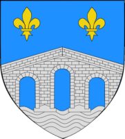 D’azur au pont de trois arches d’argent posé sur une rivière du même, surmonté de deux fleurs de lys d’or. - Contributeur : W. Vaudron